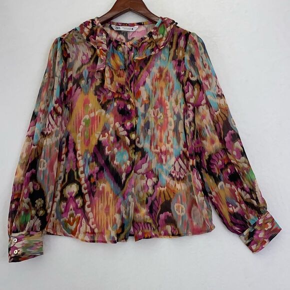 Zara Abstract Colorful Printed Chiffon Blouse - Picture 1 of 4